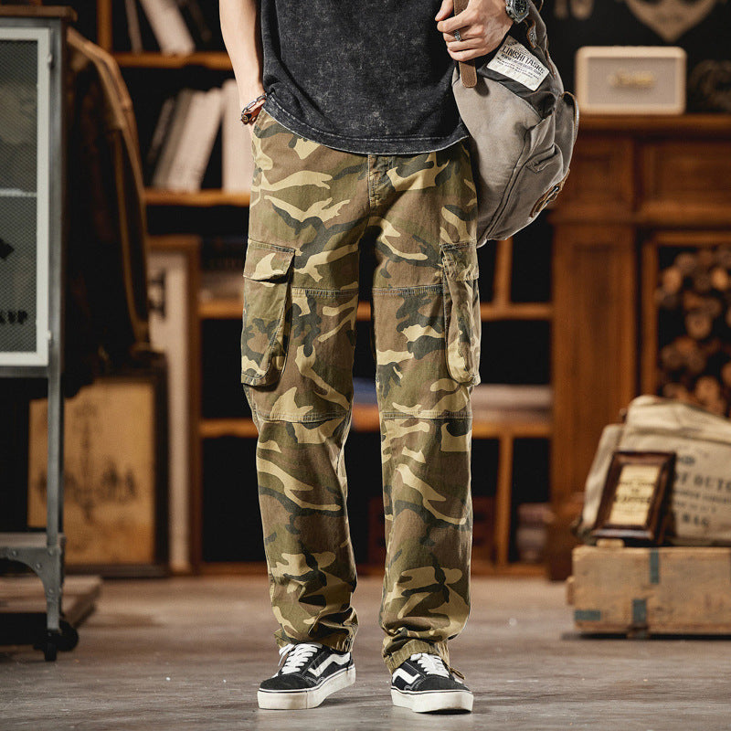 Herren Relaxed-Fit Camouflage-Cargohose mit seitlichen Klappentaschen und Kordelabschlüssen Drune