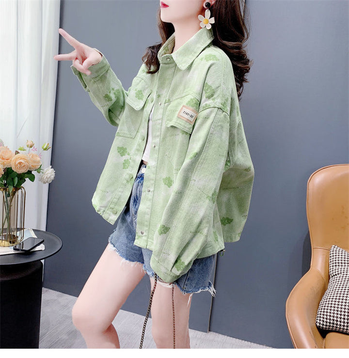 Damen Lässige Denimjacke mit floralem Print Drune