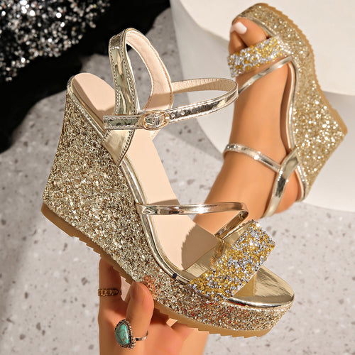 Damen Glamouröse Wedge-Sandalen mit glitzernden Riemen und verstellbarem Verschluss Drune