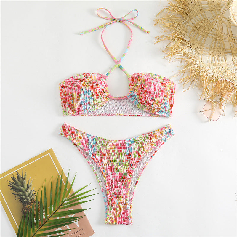 Damen Bandeau-Bikini mit verspieltem Wickeldetail und buntem Design Drune