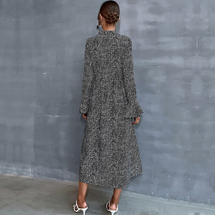Damen Midikleid mit Stehkragen und Bindeschleife, Langarm A‑Linie mit feinem Pünktchenmuster Drune