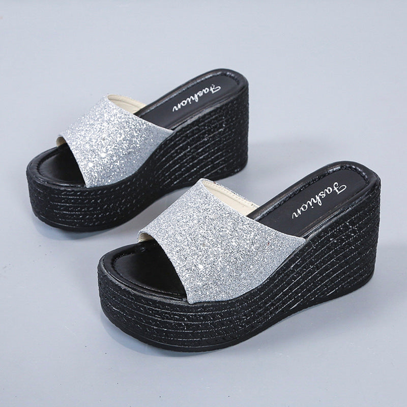 Damen nan offene Plateau-Mule mit glitzerndem Riemen, geprägter Keilsohle und gepolstertem Komfortfußbett Drune