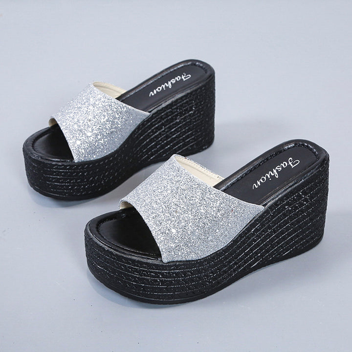 Damen nan offene Plateau-Mule mit glitzerndem Riemen, geprägter Keilsohle und gepolstertem Komfortfußbett Drune