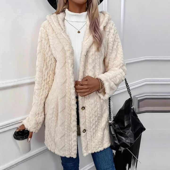 Damen nan kuschelige Teddy-Mantel mit Kapuze, Knopfleiste und Taschen Drune