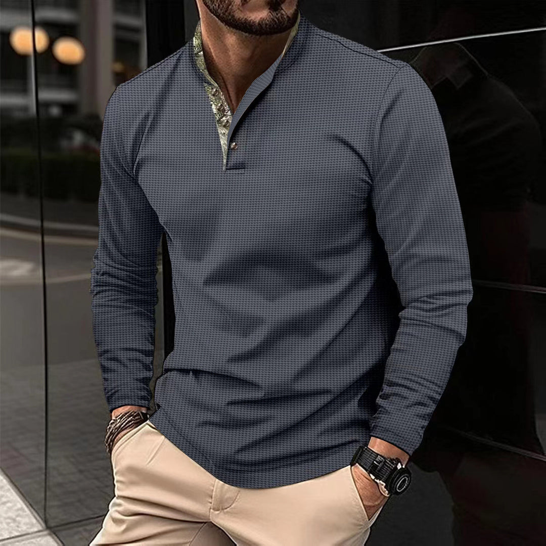 Herren nan langärmliges Henley-Poloshirt mit Stehkragen, feiner Struktur und gemustertem Innenkragen Drune