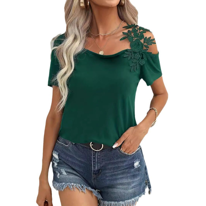 Damen nan schulterfreies Jerseyshirt mit floraler Spitzenapplikation und lockerer Passform Drune