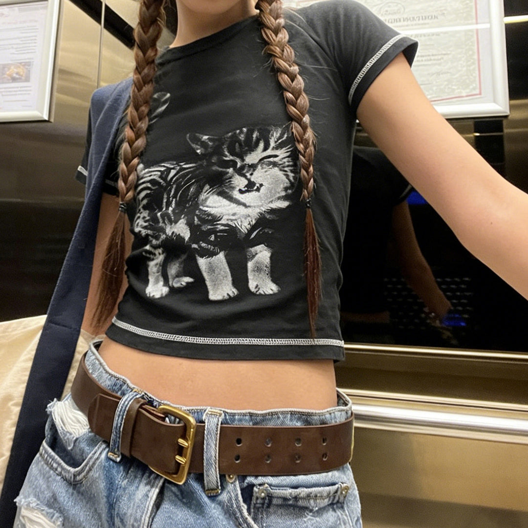 Damen T-Shirt mit kreativem Tierdruck und hochwertigem Baumwollmaterial Drune