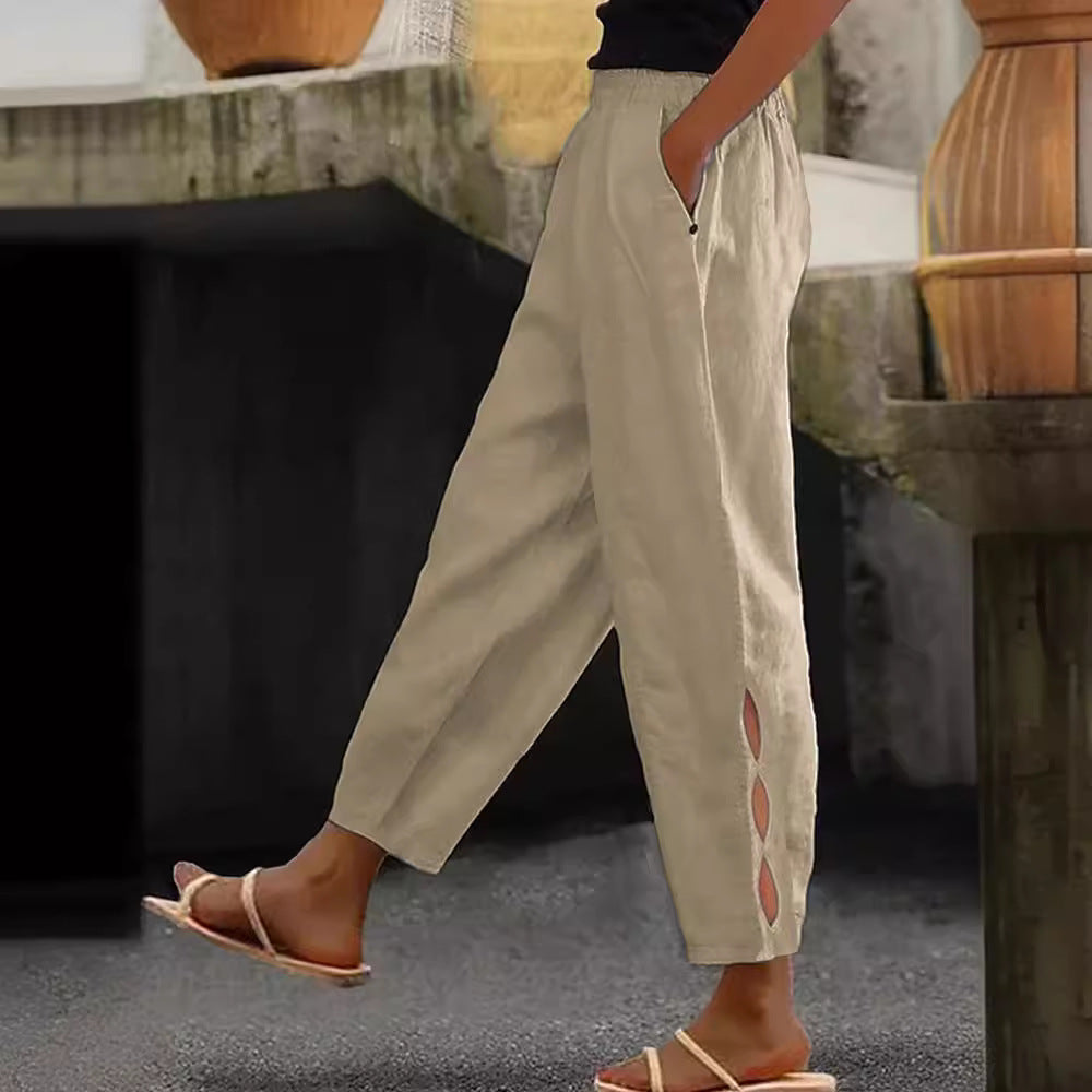 Damen Leichte Leinenhose mit seitlichen Schlitzen und elastischem Bund Drune