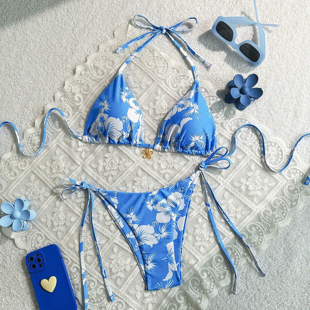 Damen Triangel-Bikini mit floralen Akzenten und raffinierten Bindebändern Drune