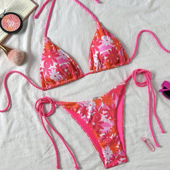 Damen Floral-Design Triangel-Bikini mit seitlichen Bindebändern Drune