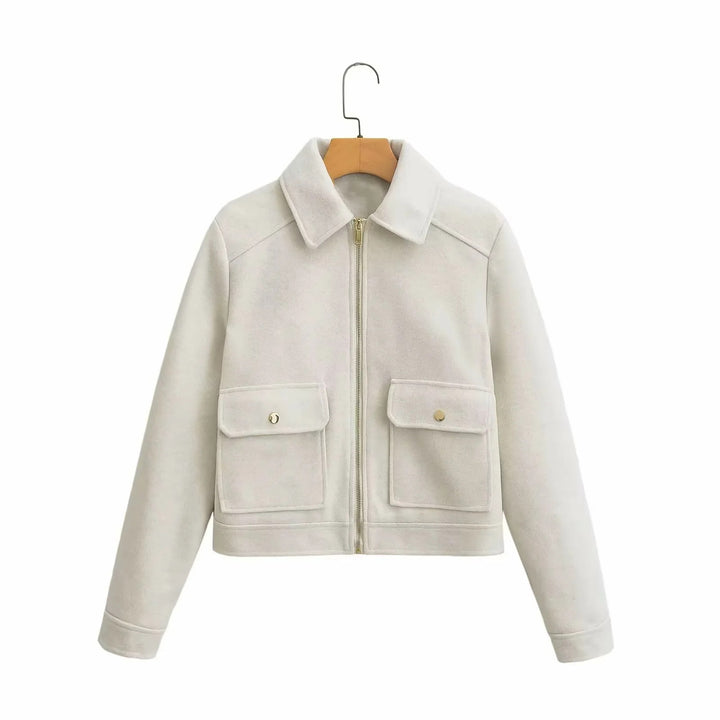 Damen nan boxy Wollblend Shacket mit verdecktem Metallreißverschluss, Hemdkragen und aufgesetzten Pattentaschen Drune