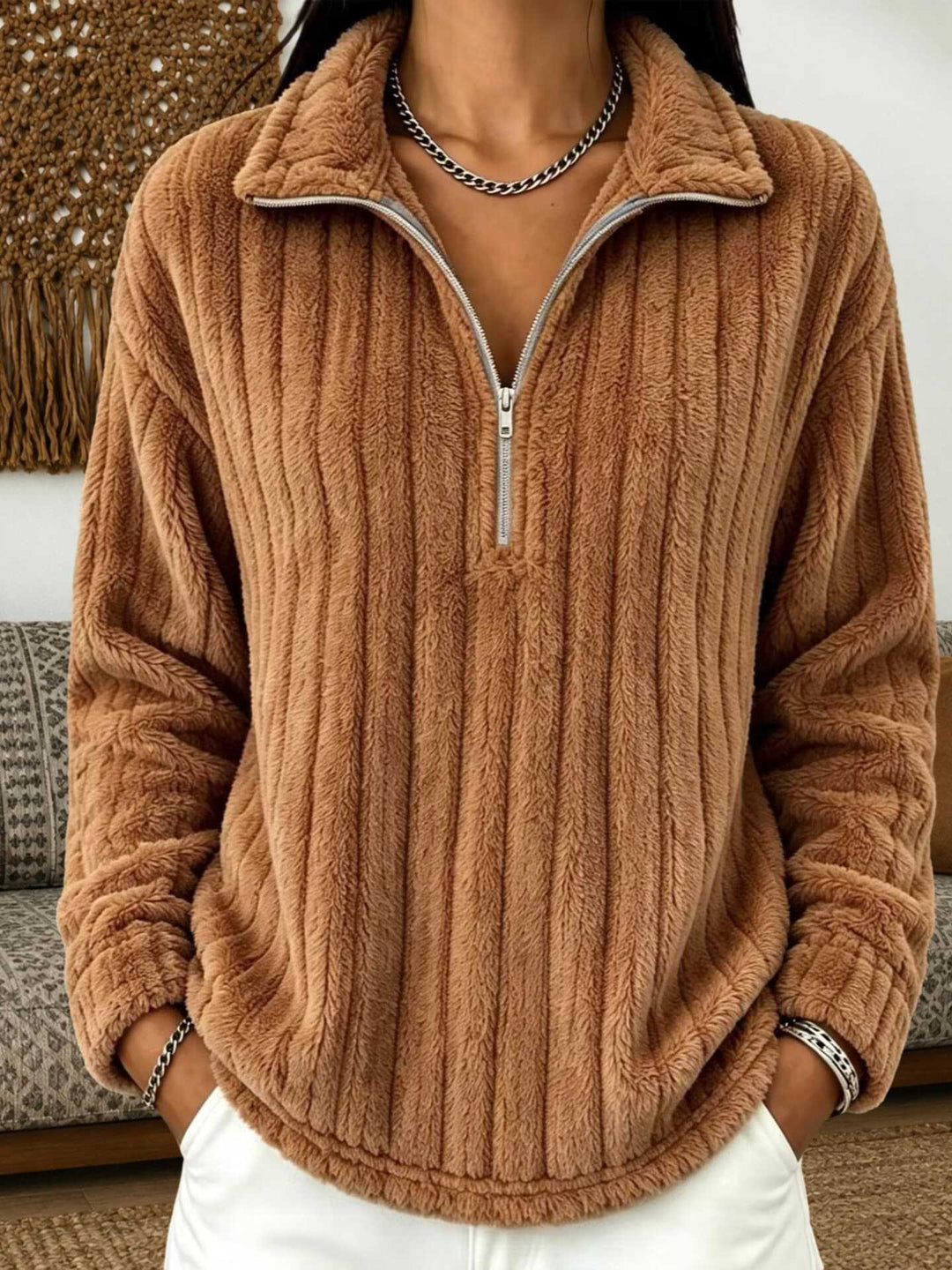 Damen Kuscheliger Plüsch-Halfzip-Pullover mit Stehkragen Drune
