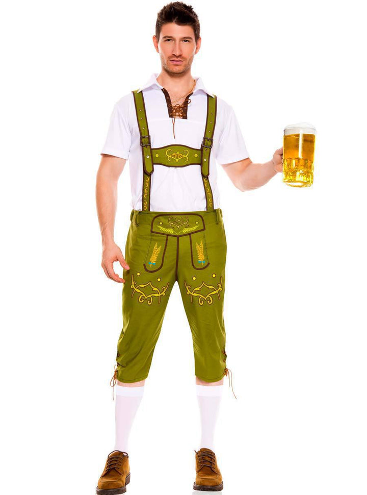 Herren nan kurze Trachtenlederhose mit verstellbaren Hosenträgern und besticktem Latz Drune
