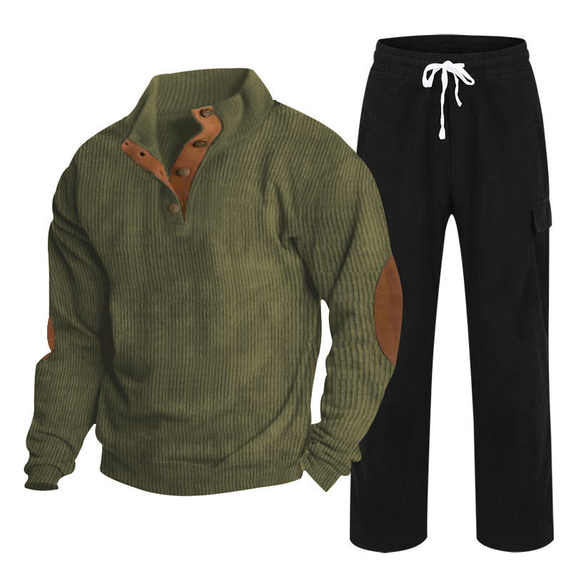 Herren nan strukturiertes Feinstrick-Halbknopf-Pullover und Feincord-Cargo-Zweiteiler Drune