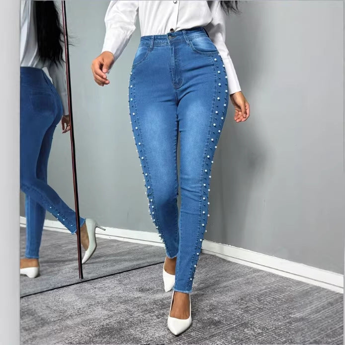 Damen Figurformende hochtaillierte Skinny-Jeans mit seitlicher Perlenzier Drune