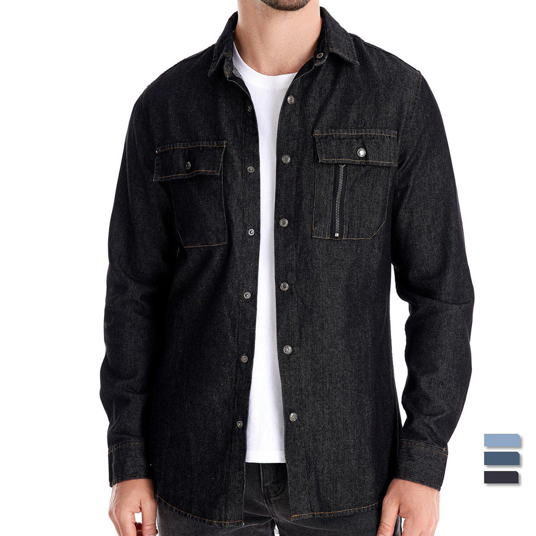 Herren nan tailliertes Jeanshemd mit Kentkragen, aufgesetzten Brusttaschen und Kontraststeppung Drune