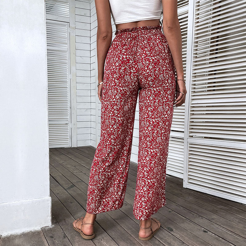 Damen Leichte High‑Waist Palazzo‑Hose mit Gummibund, Blumenprint und seitlichem Beinschlitz Drune