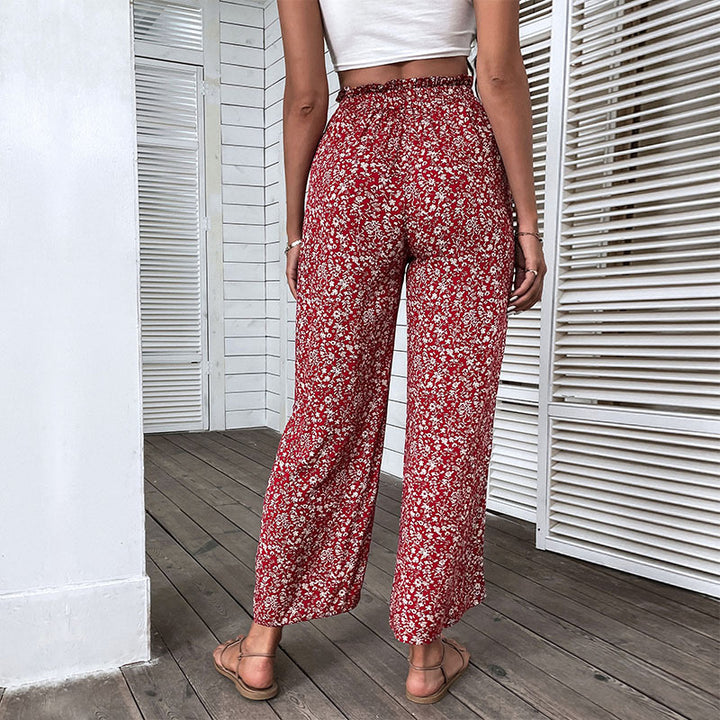 Damen Leichte High‑Waist Palazzo‑Hose mit Gummibund, Blumenprint und seitlichem Beinschlitz Drune