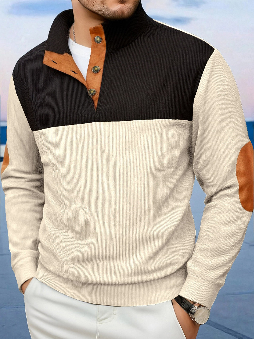 Herren Modische Pullover mit Stehkragen und Knopfleiste Drune