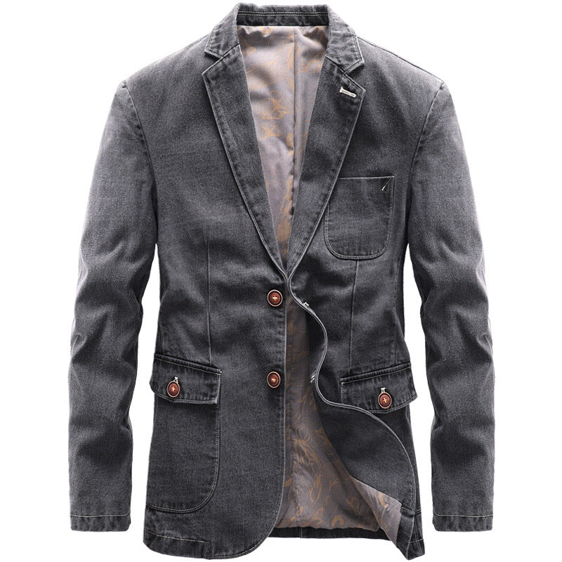 Herren Casual-Jeansblazer mit Reverskragen, aufgesetzten Pattentaschen und floral gemustertem Innenfutter Drune