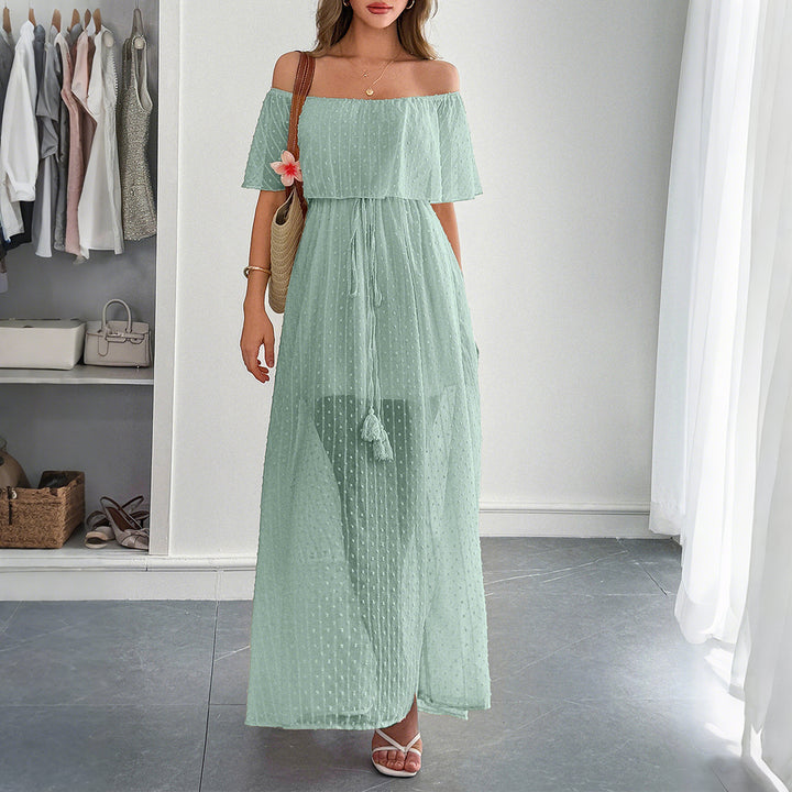 Damen Off-Shoulder Maxikleid mit feinem Punktedesign und Taillenbindung Drune