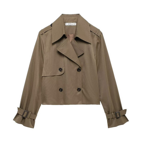 Damen nan kurzer Cropped Trenchcoat im Boxy‑Schnitt mit doppelreihiger Knopfleiste Schulterklappen und verstellbaren Ärmelriemen Drune
