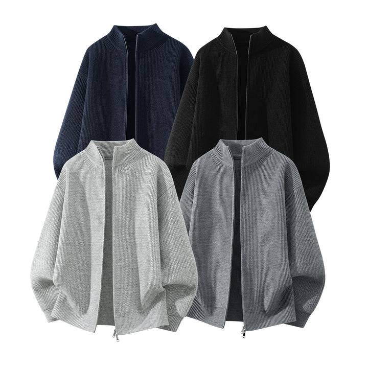 Herren Oversize Grobstrick-Zipcardigan mit Stehkragen und Zwei-Wege-Reißverschluss Drune