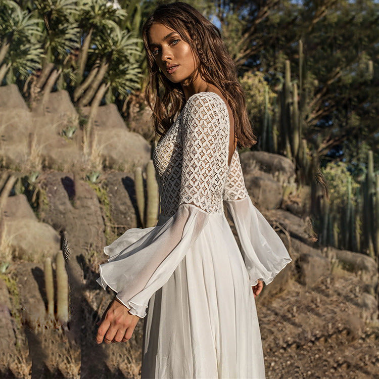 Damen Maxi-Umstandskleid mit eleganten Spitzenärmeln Drune