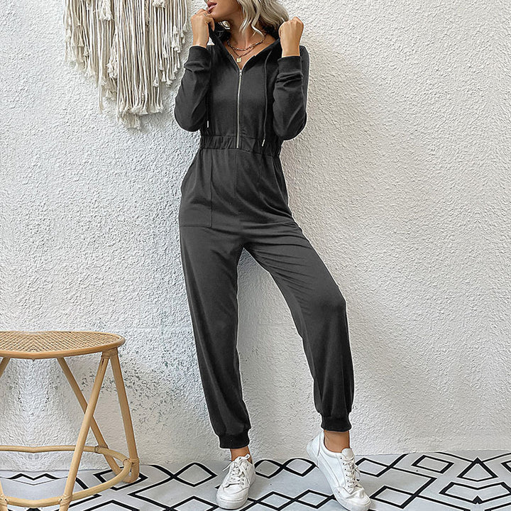 Damen Kapuzen-Jumpsuit mit Reißverschluss, elastischer Taillenpassform & Joggerbündchen Drune