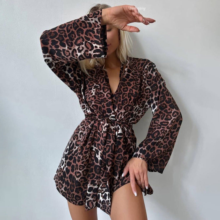 Damen Kimono-Morgenmantel mit Leopardenmuster und lockerer Passform Drune