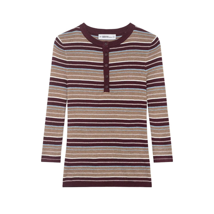 Damen Gestreiftes Feinstrick-Henleyshirt mit Knopfleiste und schlanker Passform Drune