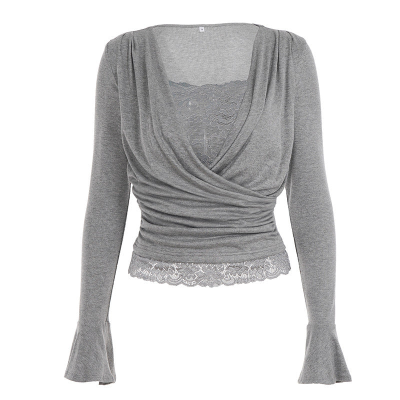 Damen Wickel-Top mit tiefem V‑Ausschnitt, Raffung und Spitzenbesatz Drune