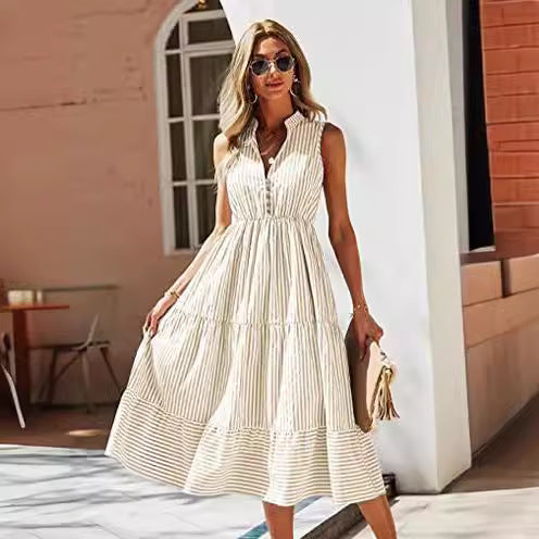 Damen Midikleid mit gestreiftem Design und Knopfleiste Drune