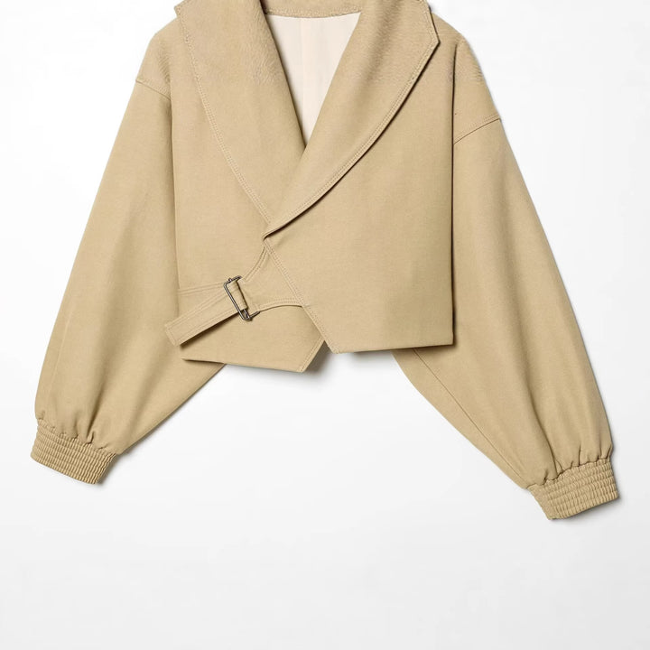 Damen Cropped Trenchjacke mit weitem Schalkragen, Bindegürtel und Ballonärmeln Drune