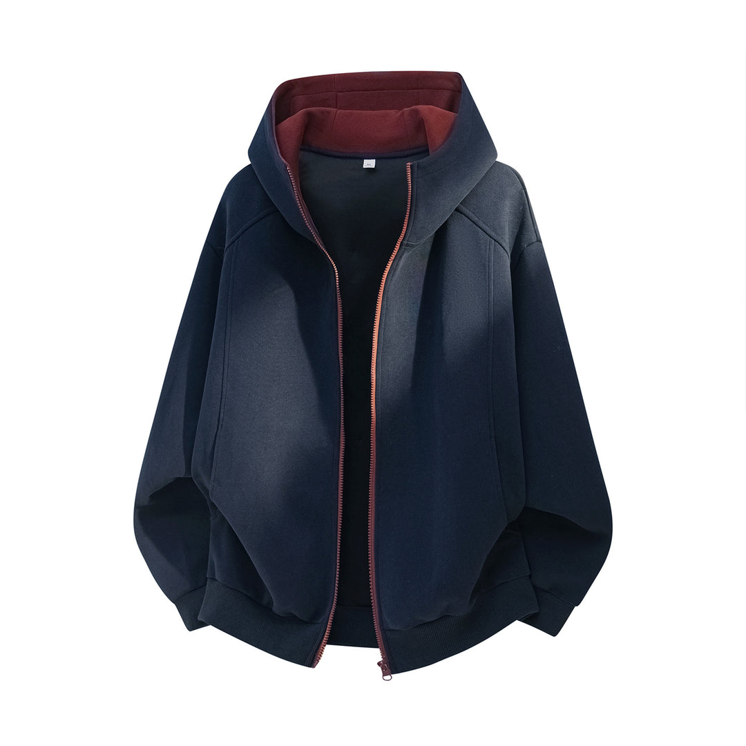Unisex Weite Kapuzenjacke mit doppellagiger Kapuze und verdecktem Reißverschluss Drune