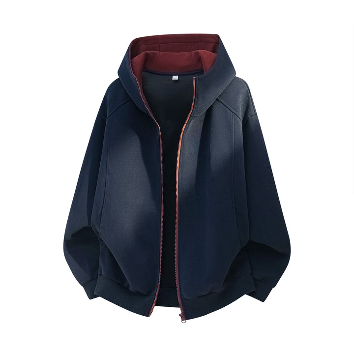 Unisex Weite Kapuzenjacke mit doppellagiger Kapuze und verdecktem Reißverschluss Drune