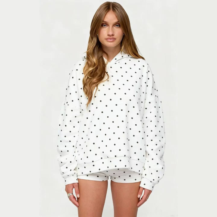 Damen nan gepunktetes Komfort-Set mit Kapuzensweatshirt, Kängurutasche und Shorts Drune