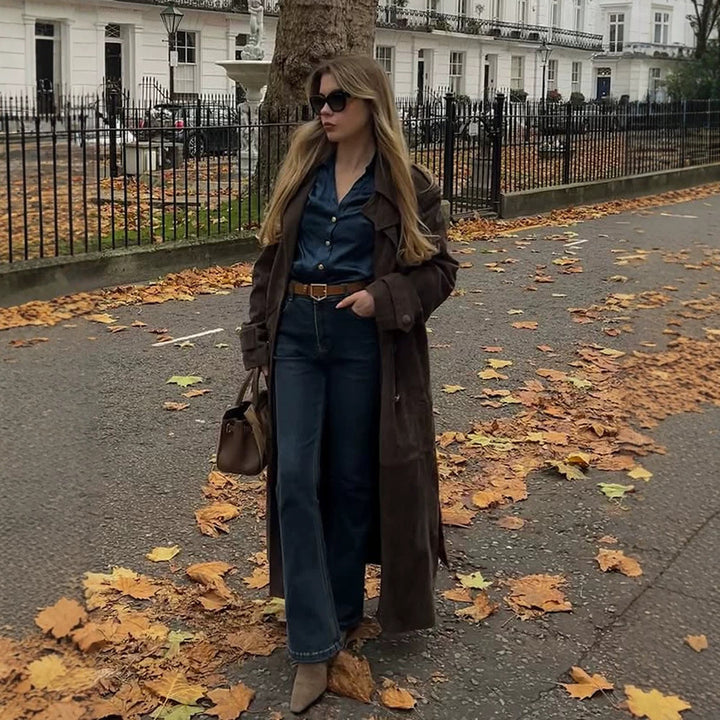 Damen Langschnitt Wildleder-Trenchcoat mit Oversize-Kragen und Bindegürtel Drune