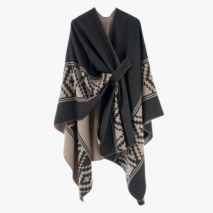 Damen Jacquard‑Ruana mit Bindegürtel und geometrischem Muster Drune