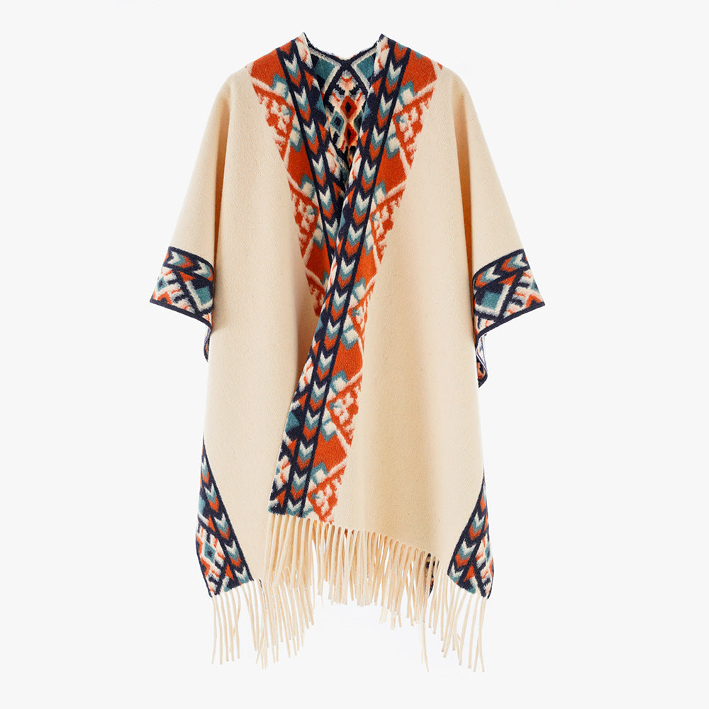 Damen Poncho‑Überwurf mit Ethno-Jacquard und Fransensaum Drune