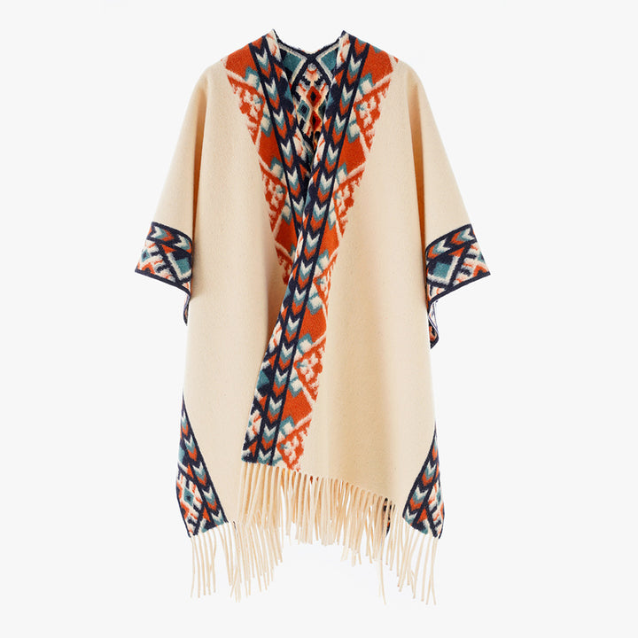 Damen Poncho‑Überwurf mit Ethno-Jacquard und Fransensaum Drune
