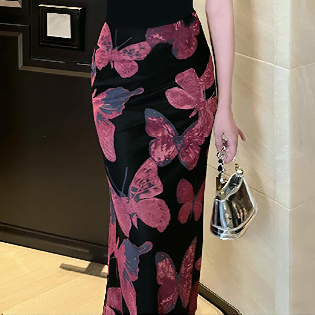 Damen elegantes Maxikleid mit floralem Schmetterlingsmuster und fließendem Stoff Drune