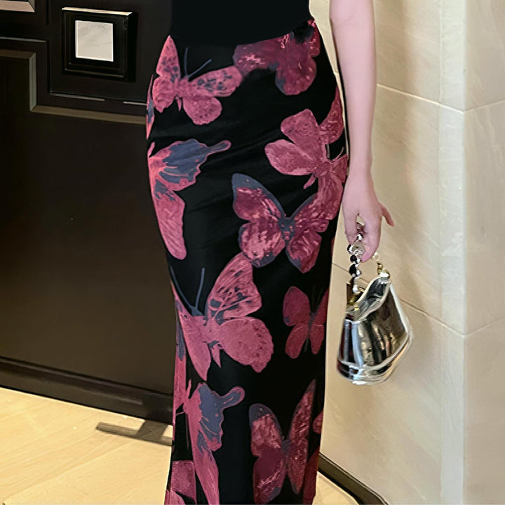 Damen elegantes Maxikleid mit floralem Schmetterlingsmuster und fließendem Stoff Drune