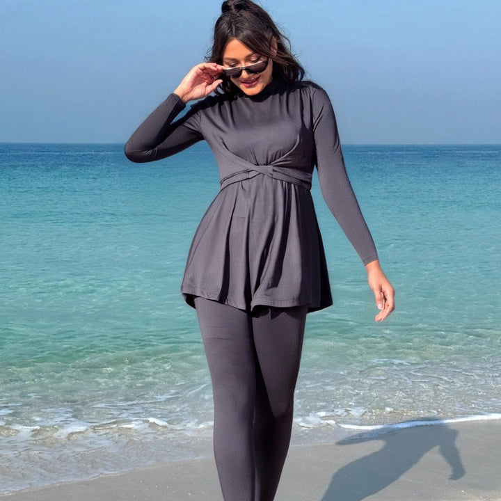 Damen modischer Longsleeve-Badeanzug mit Wickelrock Drune