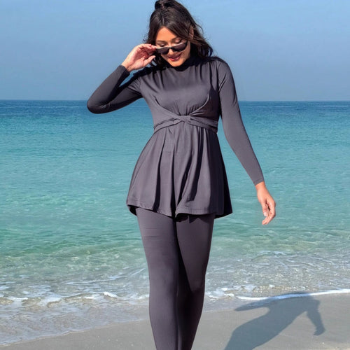Damen modischer Longsleeve-Badeanzug mit Wickelrock Drune