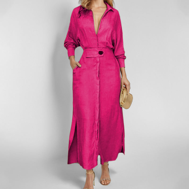 Damen Maxikleid mit elegantem V-Ausschnitt und Gürtel Drune