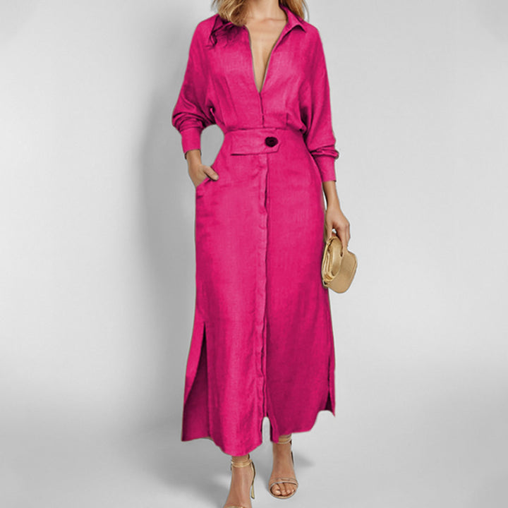 Damen Maxikleid mit elegantem V-Ausschnitt und Gürtel Drune