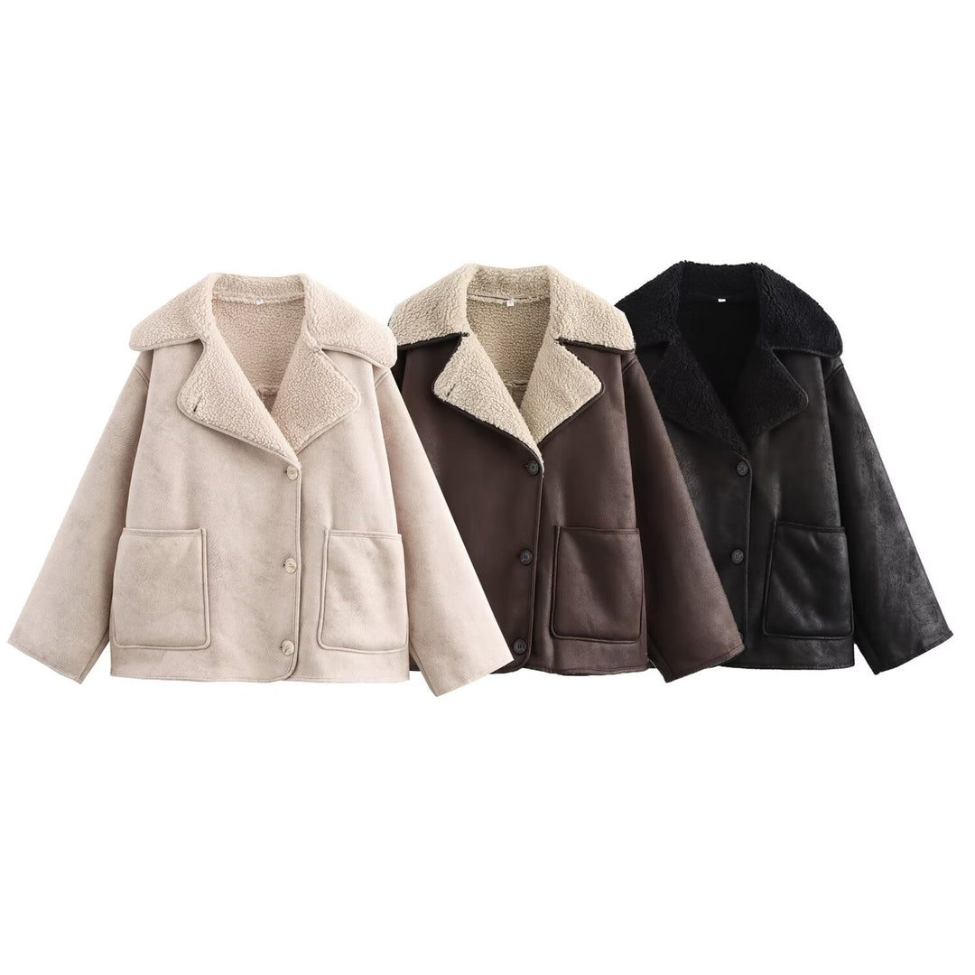 Damen Kurz geschnittener Oversized Lammfellimitat-Mantel mit Teddy-Kragen Drune