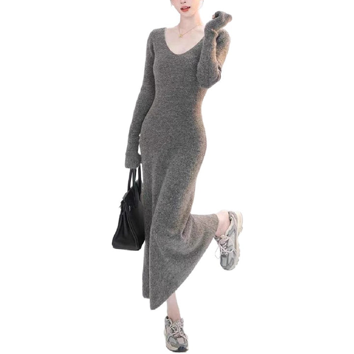 Damen Strickkleid mit V-Ausschnitt und langen Ärmeln Drune