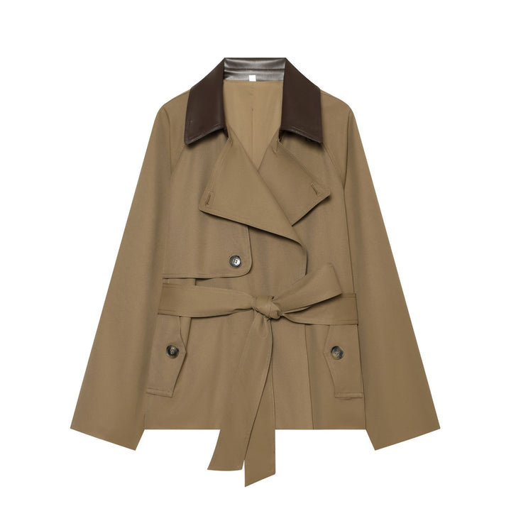 Damen nan kurz geschnittener Trenchcoat mit kontrastierendem Kunstlederkragen, Doppelreiher und Taillengürtel Drune